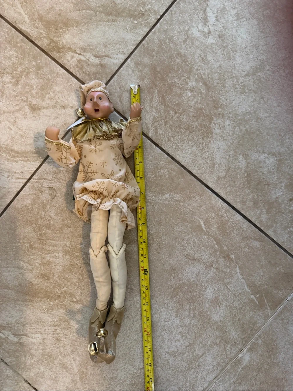 Mountain Christmas of Prescott Beige & Gold Holiday poseable Jester Doll NWT